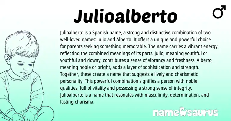 Infographic about Julioalberto name meaning, Julioalberto is a name from Spanish origin(s).