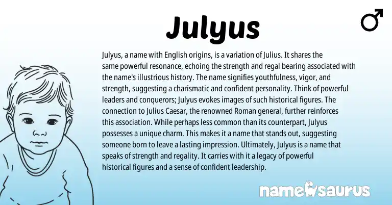 Infographic about Julyus name meaning, Julyus is a name from Roman origin(s).