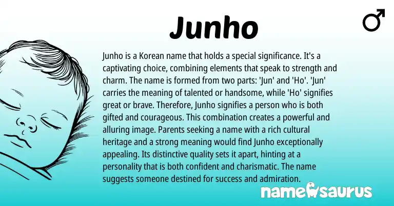 Infographic about Junho name meaning, Junho is a name from Korean origin(s).