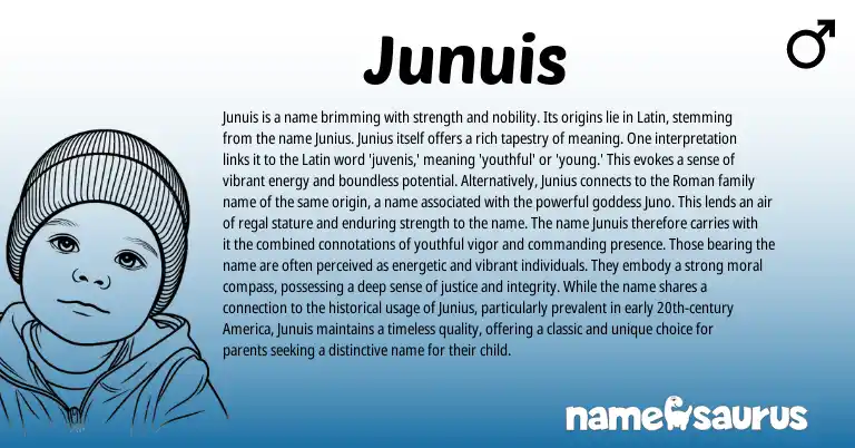Infographic about Junuis name meaning, Junuis is a name from Latin, Roman origin(s).