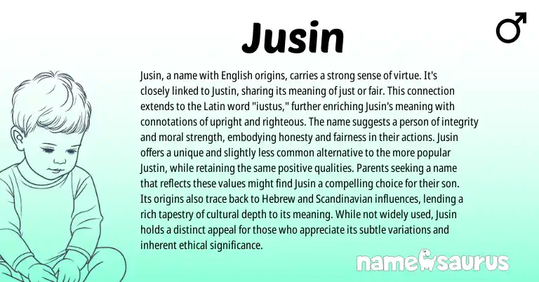 Infographic about Jusin name meaning, Jusin is a name from Latin, English, Scandinavian, Hebrew origin(s).
