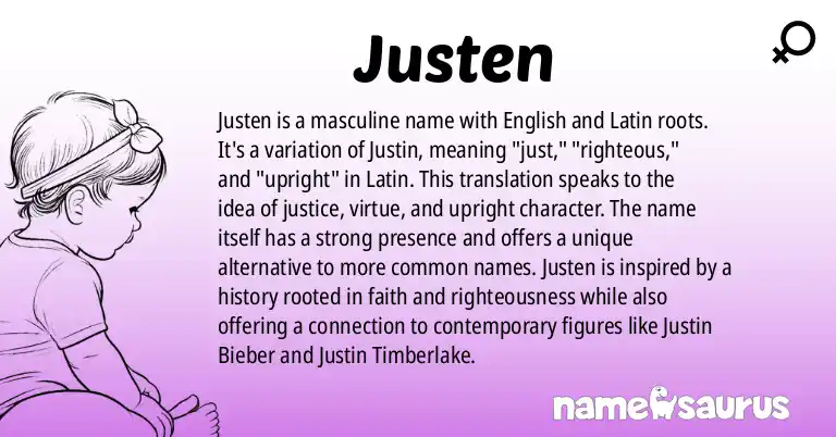 Infographic about Justen name meaning, Justen is a name from English, Latin origin(s).