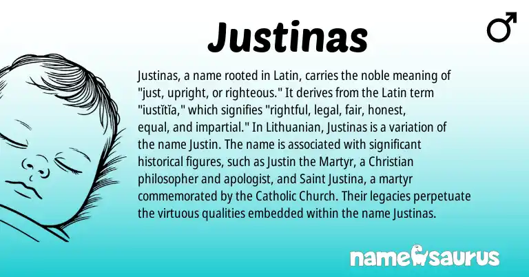 Infographic about Justinas name meaning, Justinas is a name from Lithuanian, Latin origin(s).