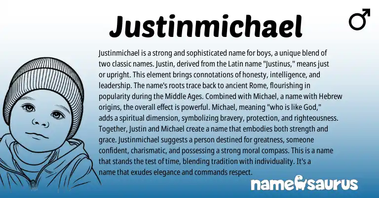 Infographic about Justinmichael name meaning, Justinmichael is a name from Latin origin(s).
