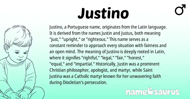 Infographic about Justino name meaning, Justino is a name from Latin, Portuguese origin(s).