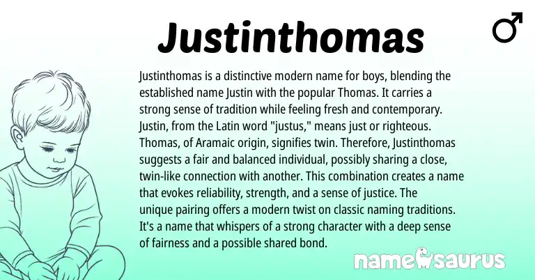 Infographic about Justinthomas name meaning, Justinthomas is a name from Aramaic, English origin(s).