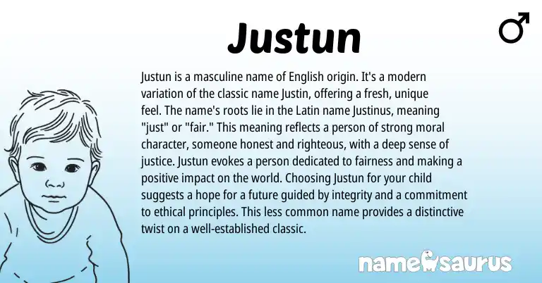 Infographic about Justun name meaning, Justun is a name from Latin, English origin(s).