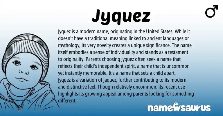 Infographic about Jyquez name meaning, Jyquez is a name from American origin(s).