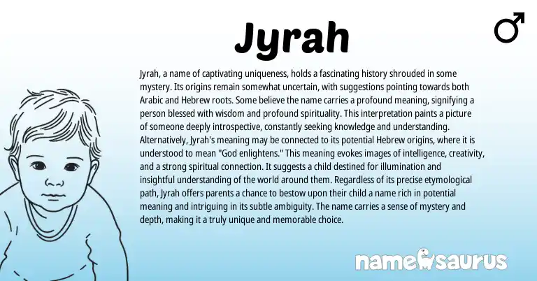 Infographic about Jyrah name meaning, Jyrah is a name from Hebrew, Arabic, American origin(s).