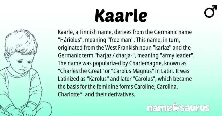 Infographic about Kaarle name meaning, Kaarle is a name from Finnish, Latin, Germanic, Frankish origin(s).