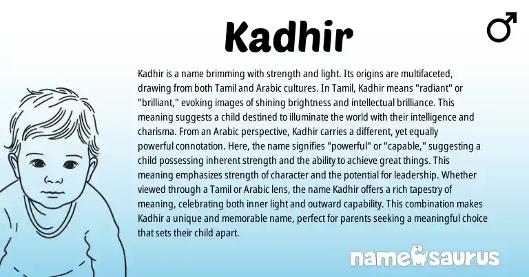 Infographic about Kadhir name meaning, Kadhir is a name from Indian, Tamil, Arabic origin(s).