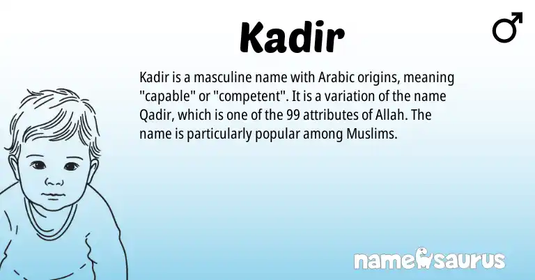 Infographic about Kadir name meaning, Kadir is a name from Arabic origin(s).