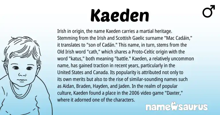 Infographic about Kaeden name meaning, Kaeden is a name from Irish, United States, Gaelic, Scottish, Old Irish, Proto-Celtic origin(s).