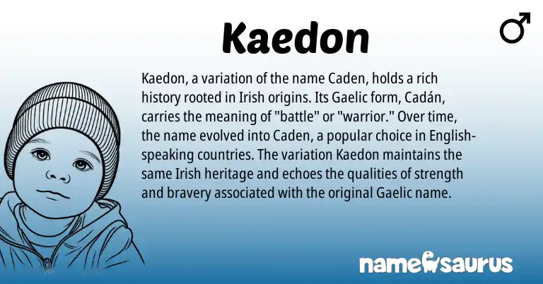 Infographic about Kaedon name meaning, Kaedon is a name from Irish, English, Gaelic origin(s).