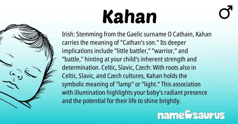 Infographic about Kahan name meaning, Kahan is a name from Irish, Slavic, Gaelic, Celtic, Czech origin(s).