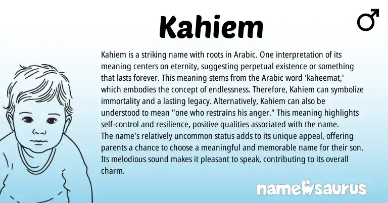 Infographic about Kahiem name meaning, Kahiem is a name from Arabic origin(s).