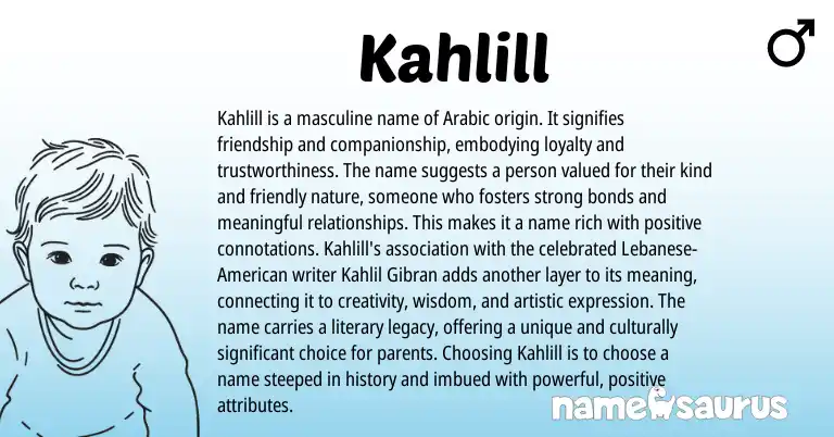 Infographic about Kahlill name meaning, Kahlill is a name from Arabic origin(s).