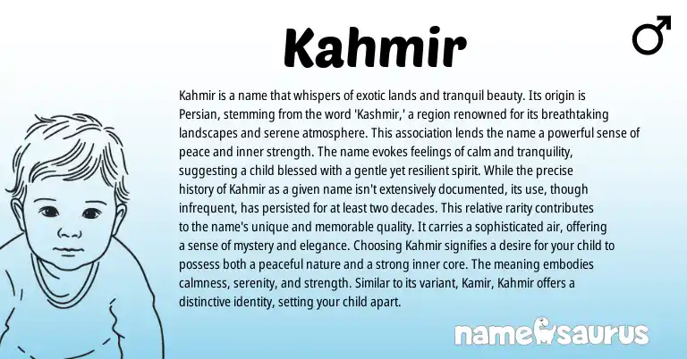 Infographic about Kahmir name meaning, Kahmir is a name from Persian origin(s).