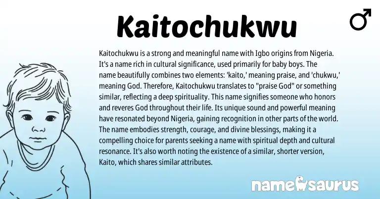 Infographic about Kaitochukwu name meaning, Kaitochukwu is a name from Igbo origin(s).