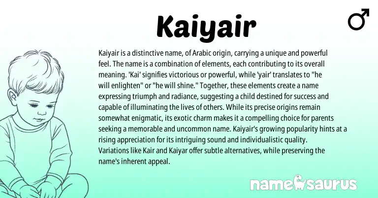 Infographic about Kaiyair name meaning, Kaiyair is a name from Arabic origin(s).