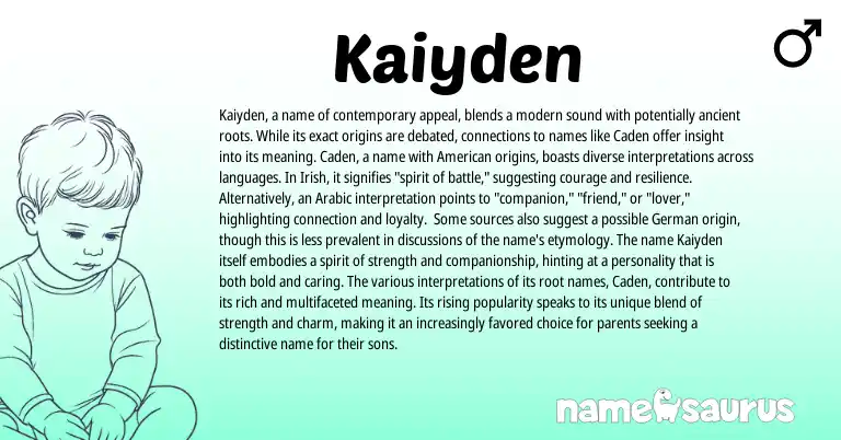 Infographic about Kaiyden name meaning, Kaiyden is a name from American, Irish, Arabic origin(s).