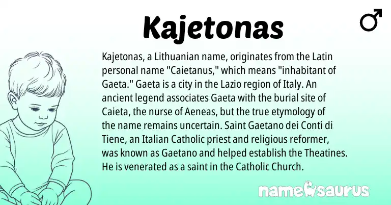 Infographic about Kajetonas name meaning, Kajetonas is a name from Lithuanian, Latin, Italian origin(s).