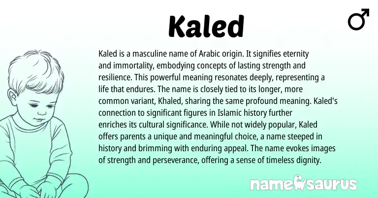 Infographic about Kaled name meaning, Kaled is a name from Arabic origin(s).