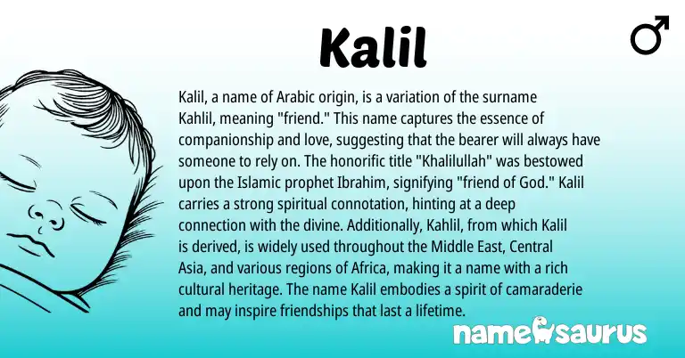 Infographic about Kalil name meaning, Kalil is a name from Middle East, Arabic origin(s).