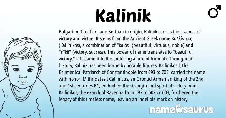 Infographic about Kalinik name meaning, Kalinik is a name from Bulgarian, Ancient Greek, Croatian, Armenian, Serbian origin(s).