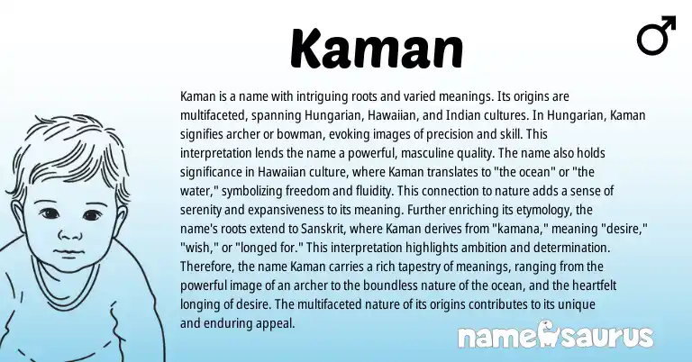Infographic about Kaman name meaning, Kaman is a name from Indian, Hungarian origin(s).