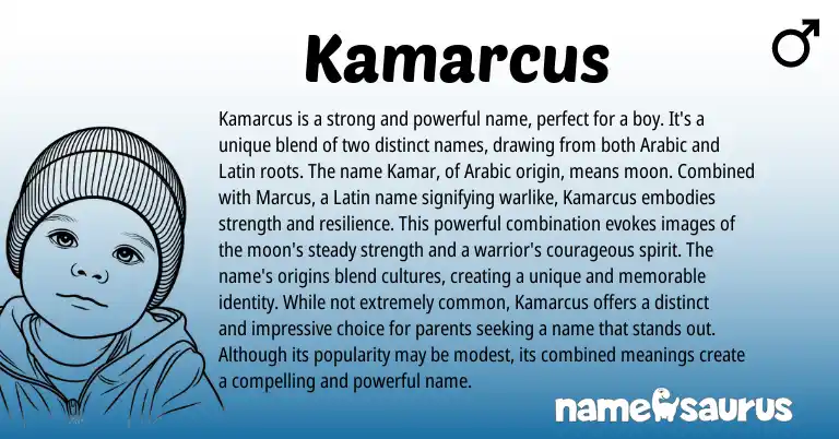 Infographic about Kamarcus name meaning, Kamarcus is a name from Latin, Arabic origin(s).
