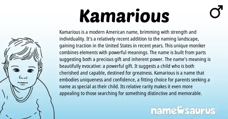 Infographic about Kamarious name meaning, Kamarious is a name from American origin(s).