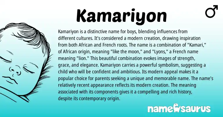 Infographic about Kamariyon name meaning, Kamariyon is a name from French, African origin(s).