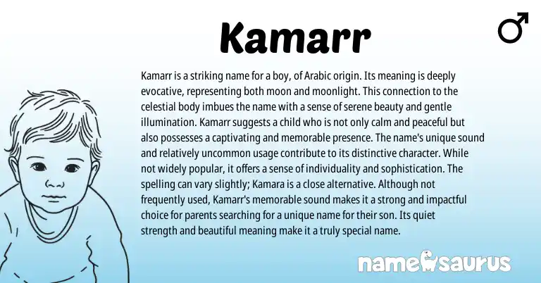 Infographic about Kamarr name meaning, Kamarr is a name from Arabic origin(s).