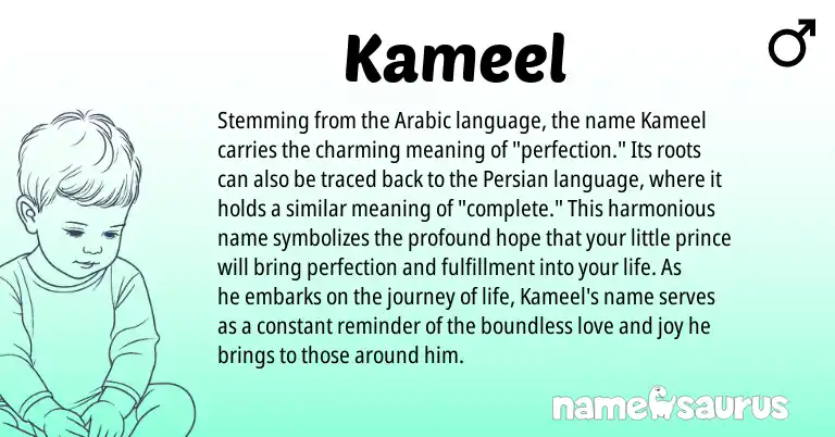 Infographic about Kameel name meaning, Kameel is a name from Persian, Arabic origin(s).