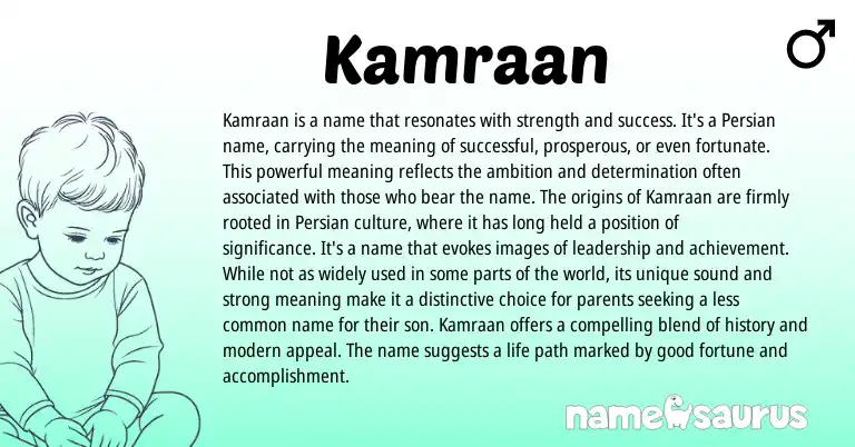 Infographic about Kamraan name meaning, Kamraan is a name from Persian origin(s).