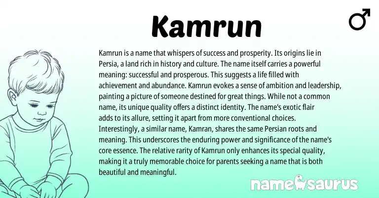 Infographic about Kamrun name meaning, Kamrun is a name from Persian origin(s).
