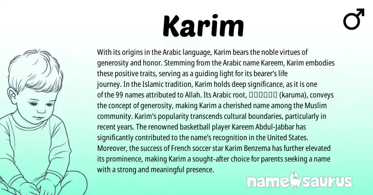Infographic about Karim name meaning, Karim is a name from French, Arabic, Muslim, United States origin(s).