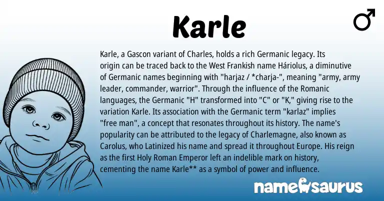 Infographic about Karle name meaning, Karle is a name from Roman, Germanic, Frankish, Gascon origin(s).