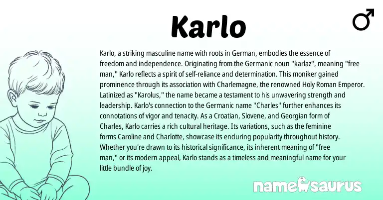 Infographic about Karlo name meaning, Karlo is a name from Croatian, Georgian, Roman, Germanic, German, Slovene origin(s).