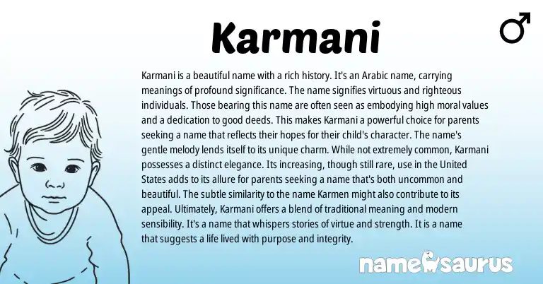 Infographic about Karmani name meaning, Karmani is a name from Arabic origin(s).