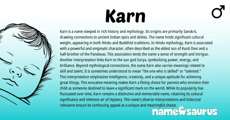 Infographic about Karn name meaning, Karn is a name from Indian, Sanskrit origin(s).