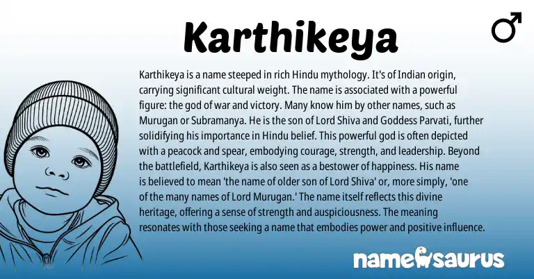 Infographic about Karthikeya name meaning, Karthikeya is a name from Indian, Hindu, Sanskrit origin(s).