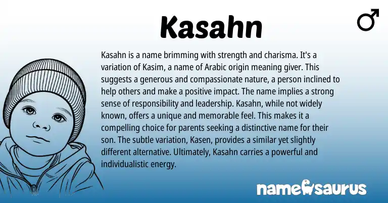 Infographic about Kasahn name meaning, Kasahn is a name from Arabic origin(s).
