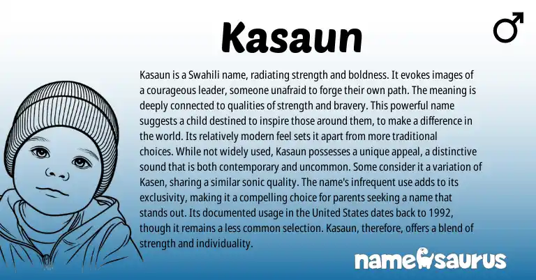 Infographic about Kasaun name meaning, Kasaun is a name from African, Swahili origin(s).