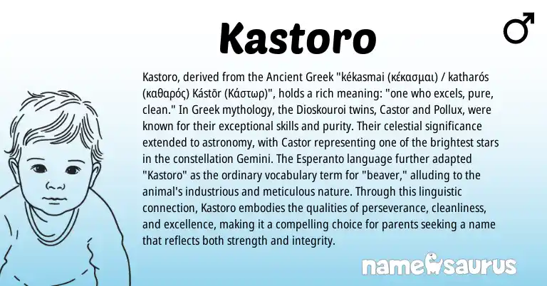 Infographic about Kastoro name meaning, Kastoro is a name from Ancient Greek, Esperanto, Greek origin(s).