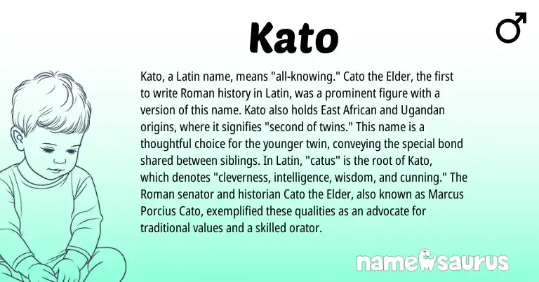 Infographic about Kato name meaning, Kato is a name from Roman, East African, Latin origin(s).