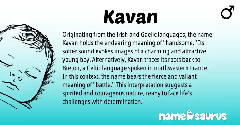 Infographic about Kavan name meaning, Kavan is a name from Irish, Gaelic, Celtic, Breton origin(s).