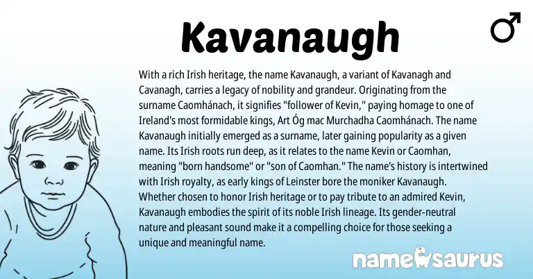 Infographic about Kavanaugh name meaning, Kavanaugh is a name from Irish, Ireland origin(s).