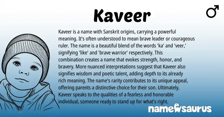 Infographic about Kaveer name meaning, Kaveer is a name from Sanskrit origin(s).